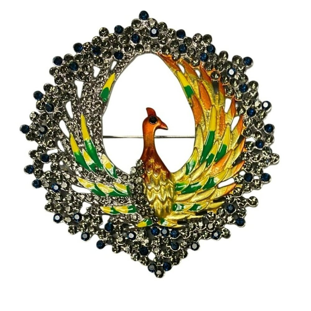 Gorgeous Silver tone and Enamel Peacock Brooch Pin With Blue Rhinestones Womens